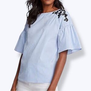 Ann Taylor Striped Embroidered Flare Sleeve Poplin Top